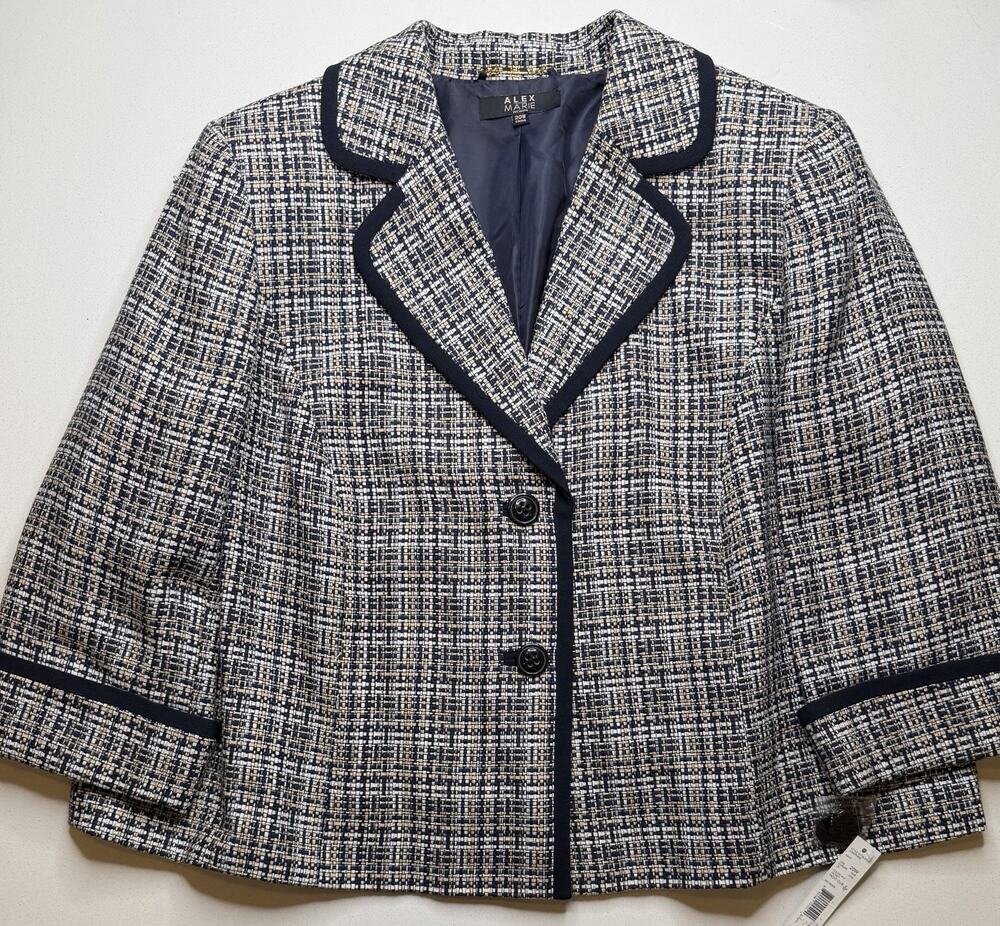 New Alex Marie Size 20W Womens Blue Tweed Long Sleeve Lined Blazer Jacket